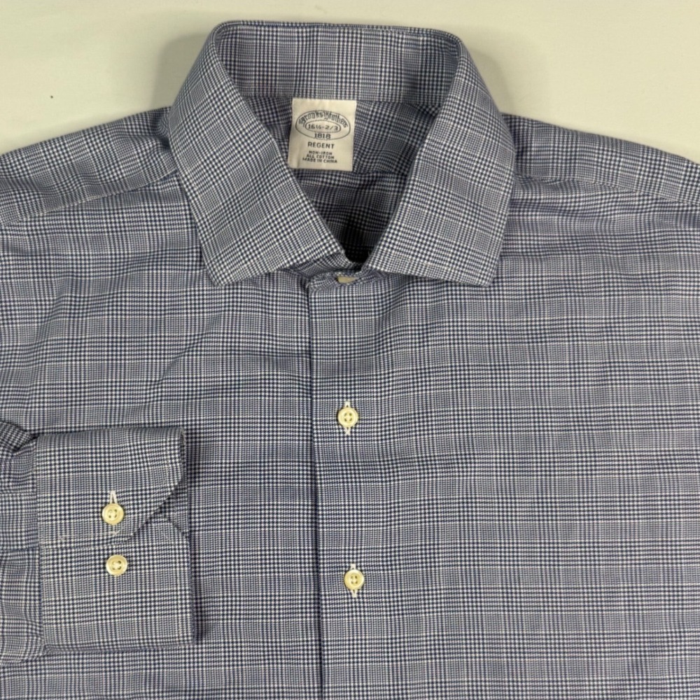 Brooks Brothers Dress Shirt Mens 16.5 32/3 Blue Houndstooth Regent Non-Iron 1818